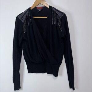 Laura Petites Into The Night Black Beaded Wrap Sweater Size Large Knit Angora
